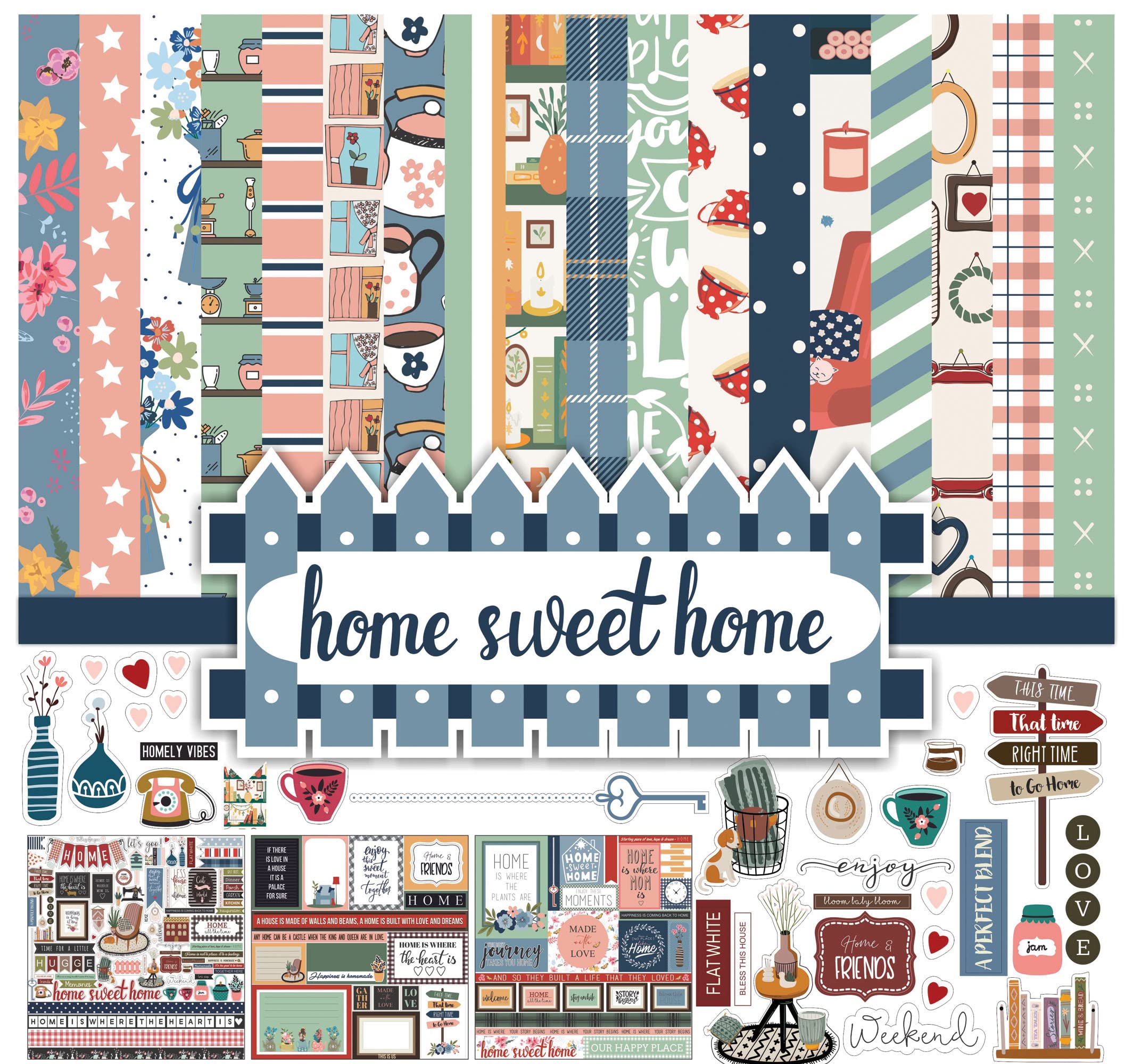 Inkdotpot Home Sweet Home Collection Double,Sided Scrapbook Paper Kit Cardstock 12"x12" Card Making Paper Pack of with Sticker Sheet - 16 Pages - Multicolor
