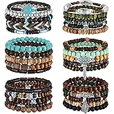Vieyomn 31 Pcs Wooden Beads Bracelets Set for Women Men Multi-Layered Wood Metal Wristbands Elastic Stretch Bohemian Bangle Bracelet Stack Adjustable