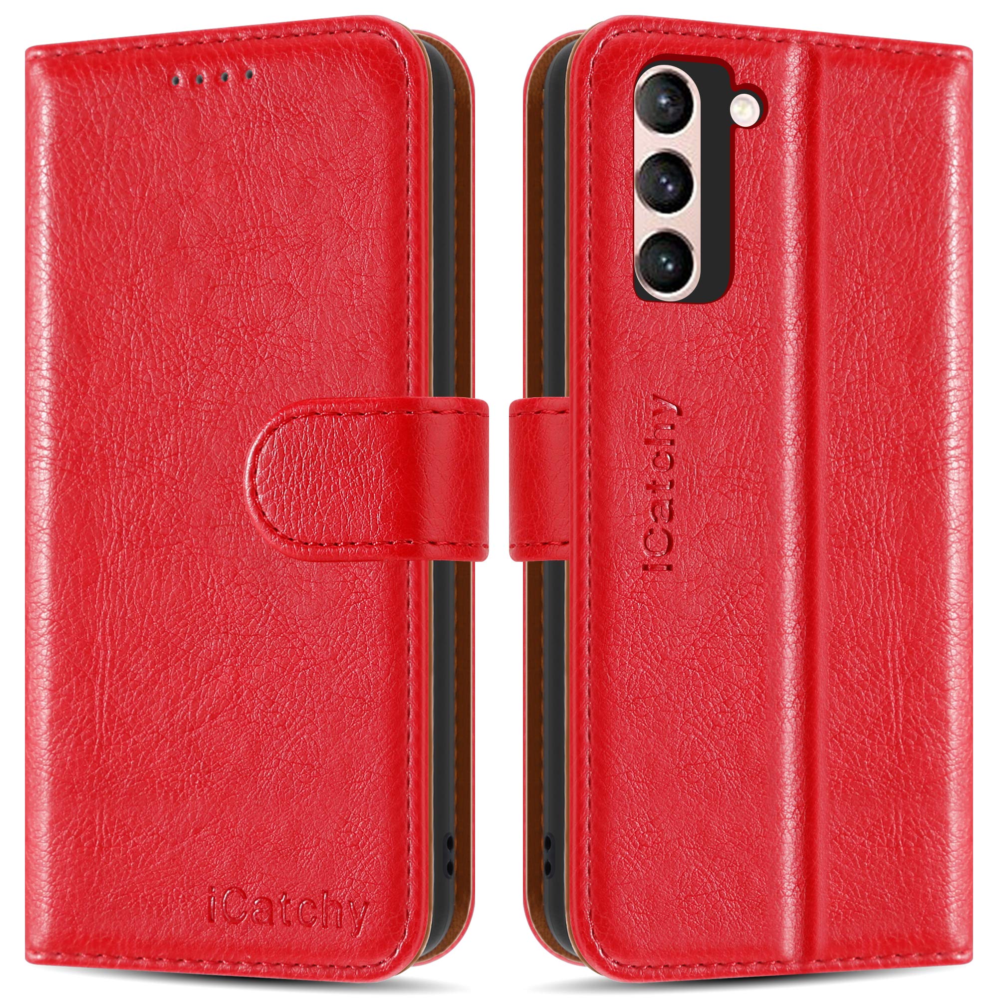 iCatchy for Samsung Galaxy S21 Case Leather Wallet Flip Stand View Cover with Card Slots Compatible with Galaxy S21 (6.2'') Phone Cover (Red)