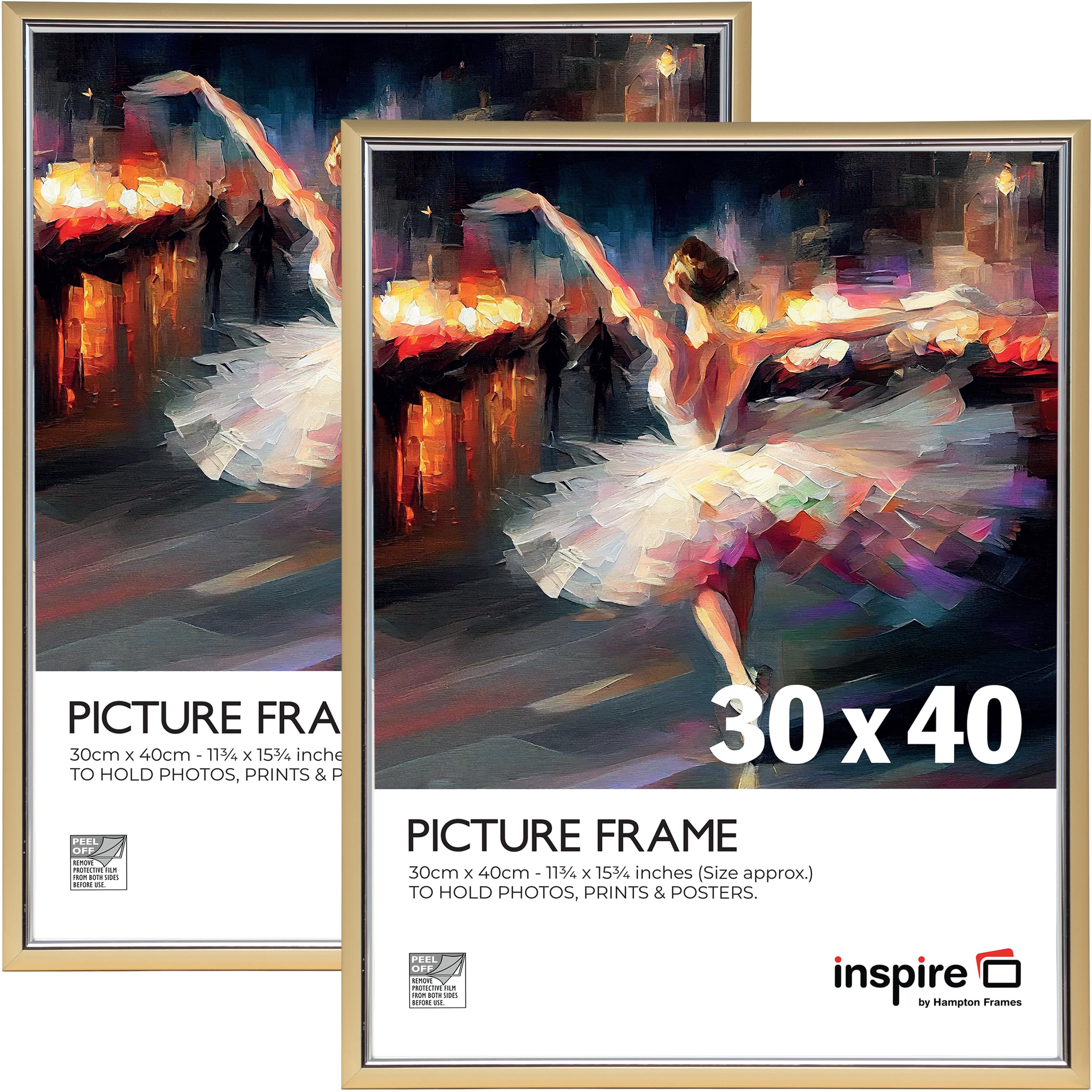 inspire by Hampton Frames | Picture Poster Frame | 30x40cm, Gold, Pack of 2, Plastic, Foil Wrapped | Acrylic Front, Wall Mount, Drop-In Back | Modern Home Décor Display