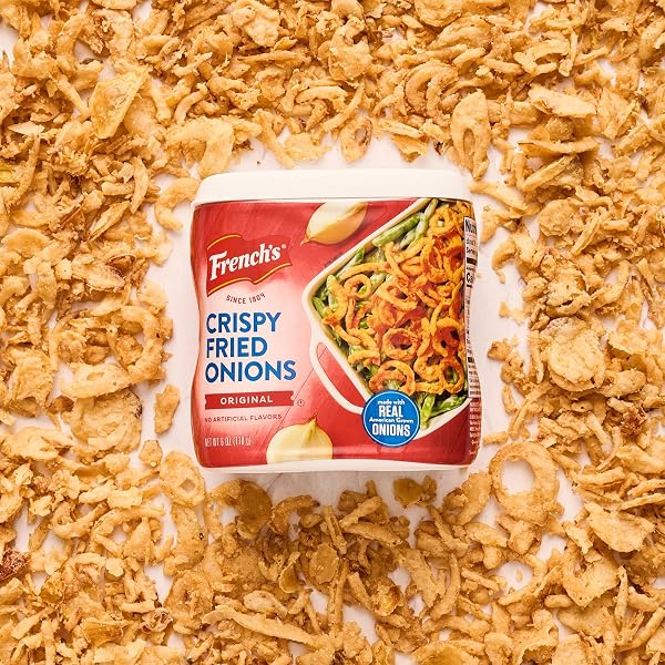 FRENCH’S CRISPY FRIED ONIONS, ORIGINAL, MADE WITH REAL ONIONS, NO ARTIFICIAL FLAVORS, SPRINKLE ON SALADS, POTATOES, CHICKEN, BURGERS, GREEN BEAN CASSEROLE, 6 OZ