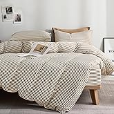 JELLYMONI 100% Natural Cotton 3pcs Striped Duvet Cover Sets,White with Khaki Stripes Pattern Printed Comforter Cover,with Zipper Closure & Corner Ties(King Size)