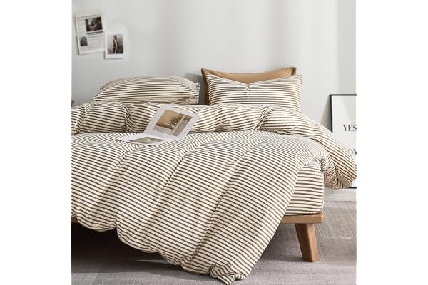 JELLYMONI 100% Cotton Classic Striped Queen Duvet Cover Set, Tan/White | Breathable Softness, Oeko-Tex Certified, Classic Str