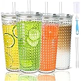 HEGBYIHE 20oz Glass Cups with Lids and Straws,4 Pack Reusable Glass Tumbler for Cold & Hot Drinks Wide Mouth Travel Mug for Smoothies Cocktails Beer Tea Juice and Iced matcha Coffee Cups with Lids