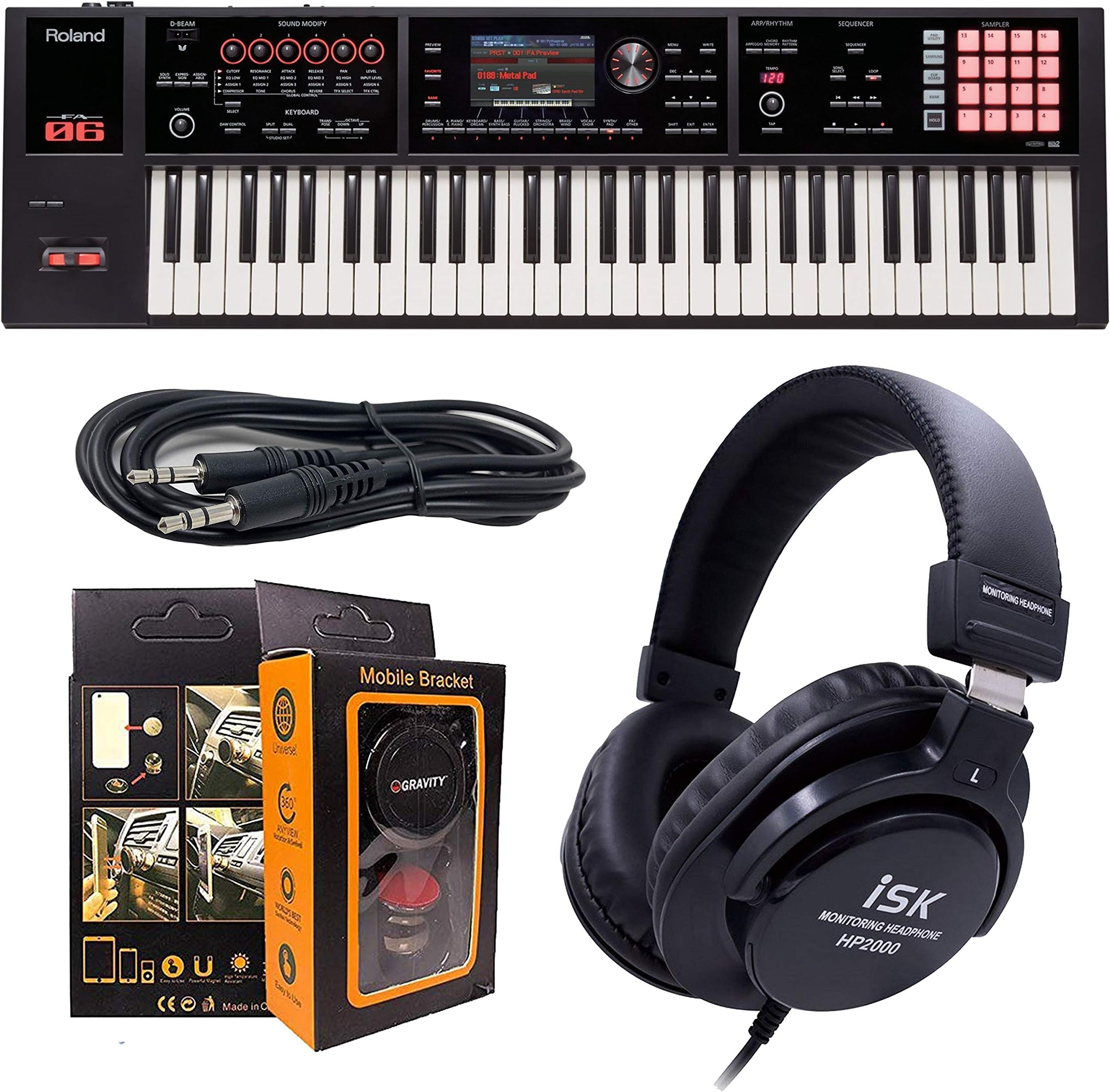 Roland PK 61-key Music Workstation FA-06 + ISK HP2000 Headphone w/Free 3.5mm AUX Cable & Magnet Car Mount