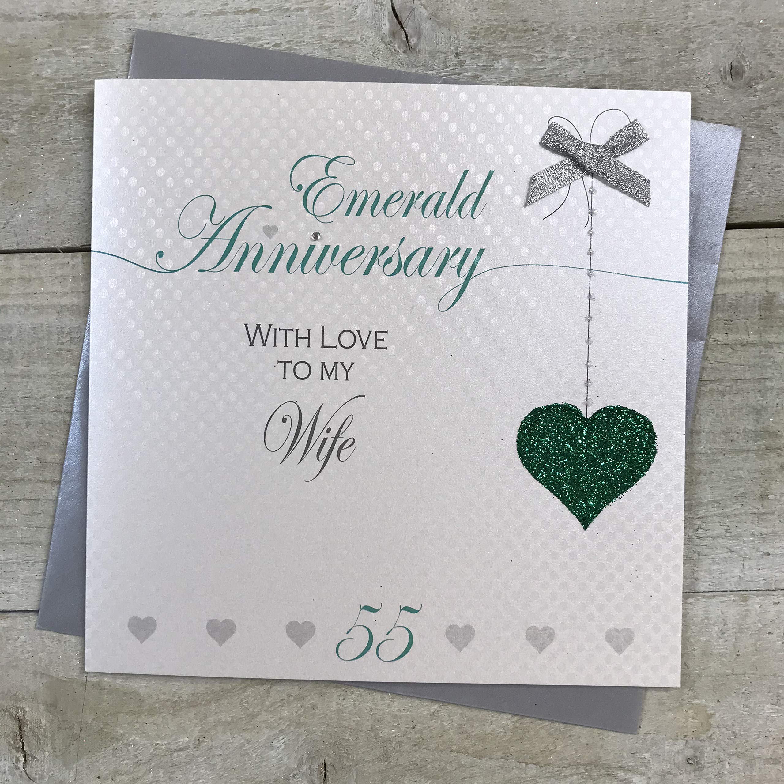 Wife 55th Emerald Wedding Anniversary Handmade Card - Love Lines - by WHITE COTTON CARDS LLA55W,green|silver,16cm x 16cm