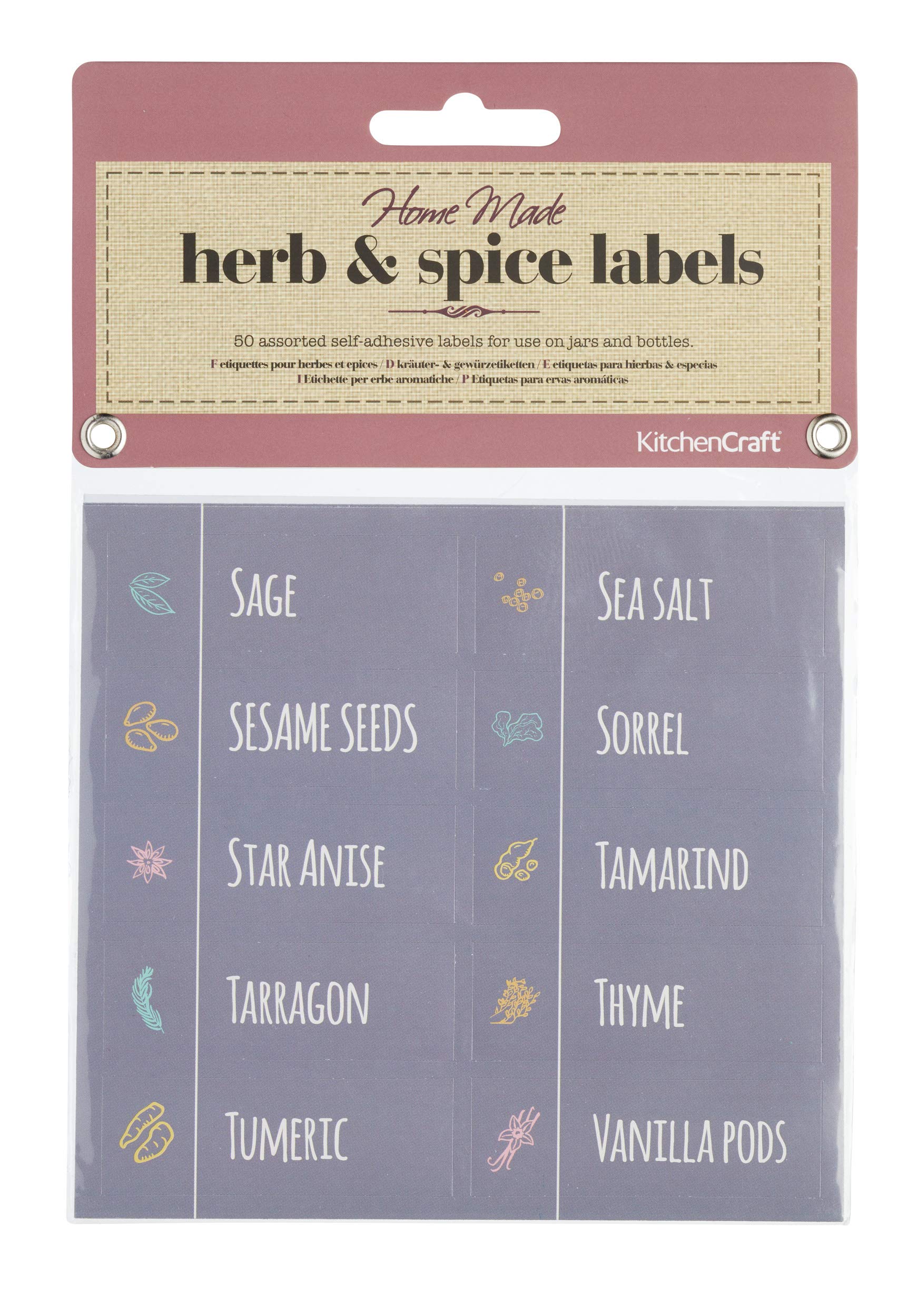 KitchenCraft Home Made Herb/Spice Jar Labels, Illustrated, Grey, Pack of 5