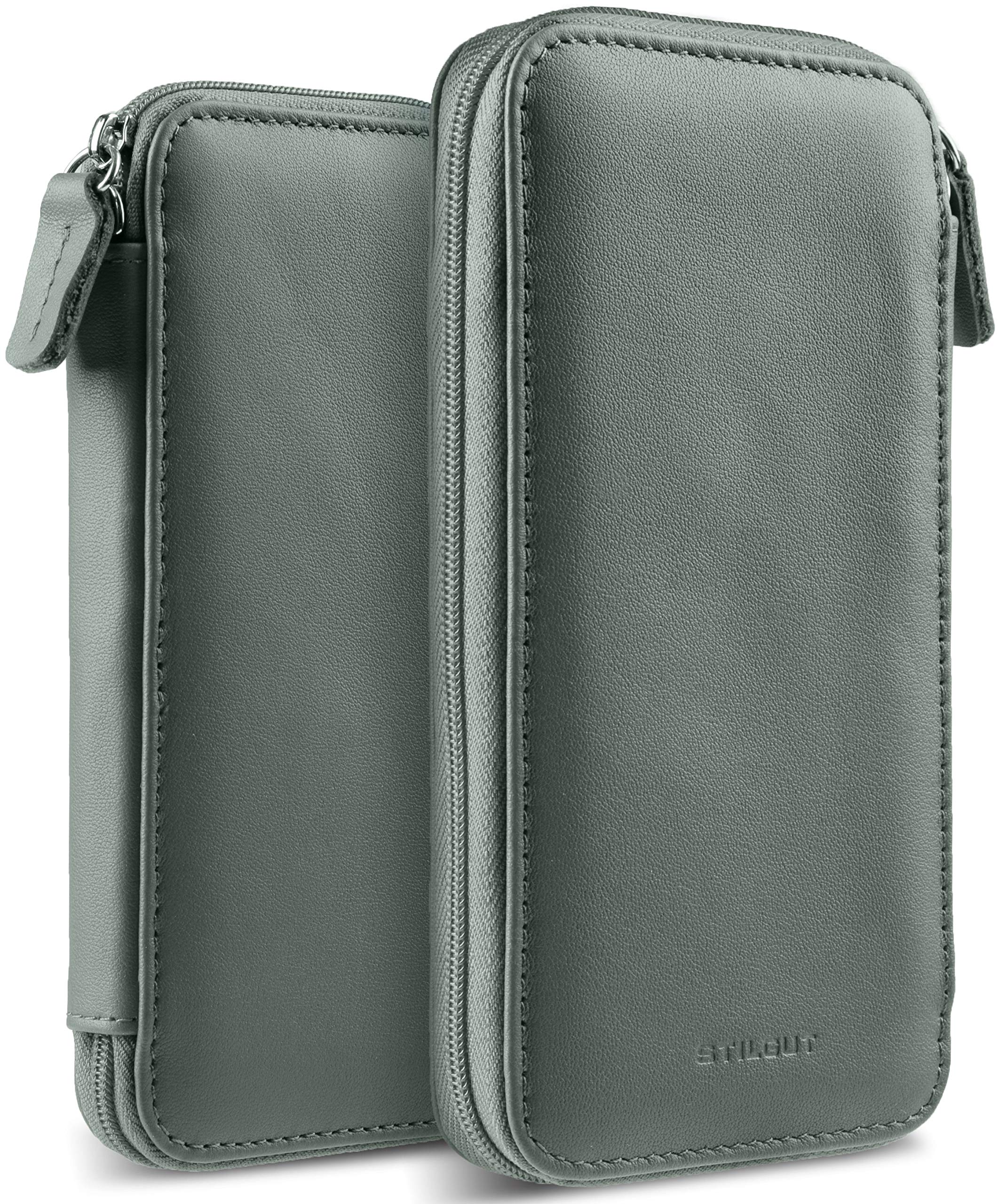 StilGut Protective Mobile Phone Case Compatible with iPhone 13 mini, iPhone SE 2022 and Other Smartphones up to 5.4 inches, Leather Zipper Closure, Small - Nappa Grey Green