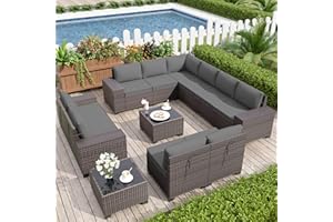 Delnavik Patio Furniture Set Sofa 12-Pieces Wicker Sectional Sofa Set, Outdoor Furniture Rattan Patio Conversation Set with Thickened Cushions and Glass Coffee Table, Grey