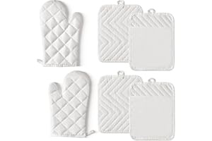 GROBRO7 6Pcs Cotton Oven Mitts and Pot Holders Set Heat Resistant Hot Pads Machine Washable Polyester BBQ Gloves with Hanging Loop Durable Pocket Pot Holder for Kitchen Baking Cooking Grilling White