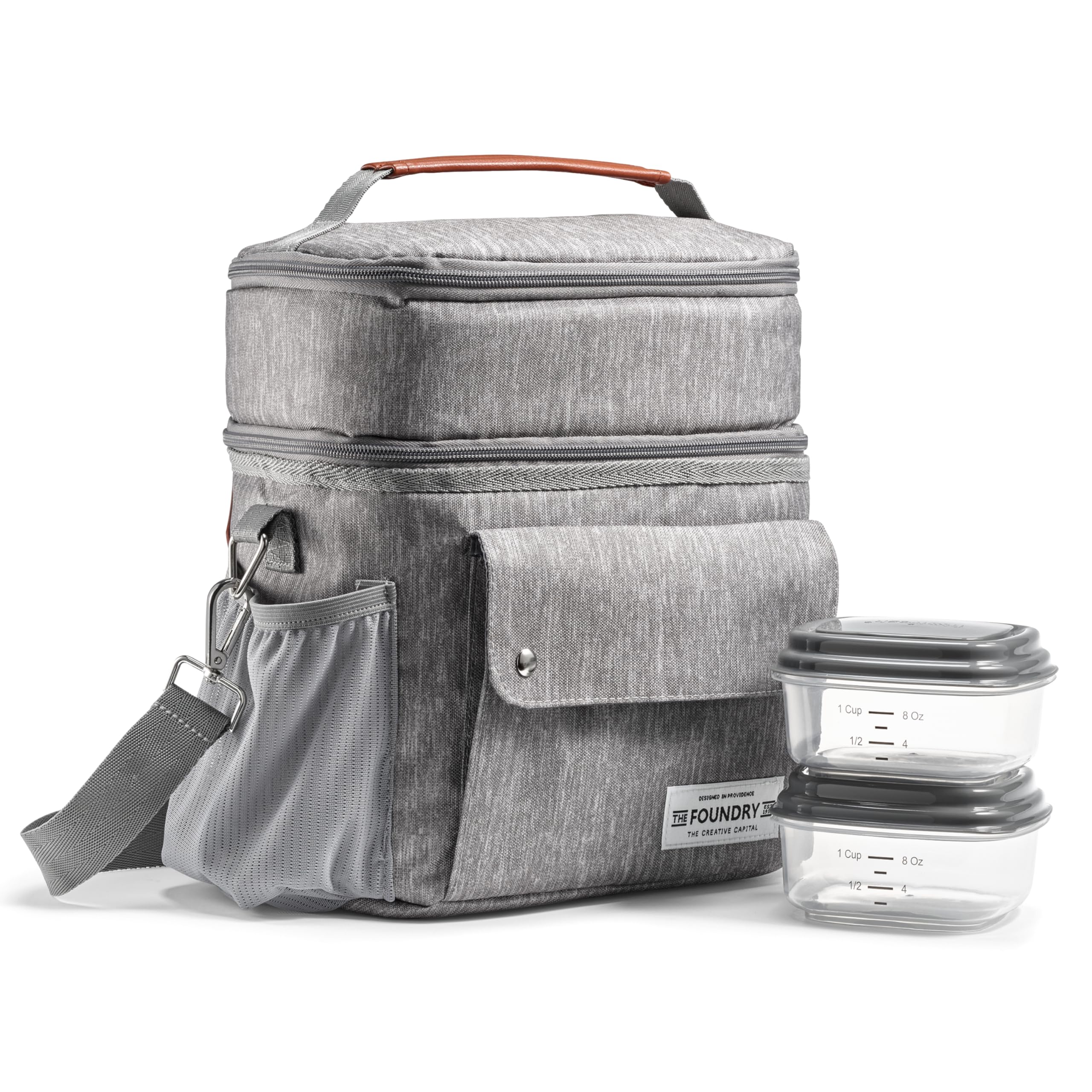 Fit & Fresh Foundry Dual Compartment Lunch Bag For Adults, Insulated Extra Large Lunch Bag For Meal Prep With Matching Containers, Front Pocket, Adjustable Strap, Westminster Lunch Bag, Steel