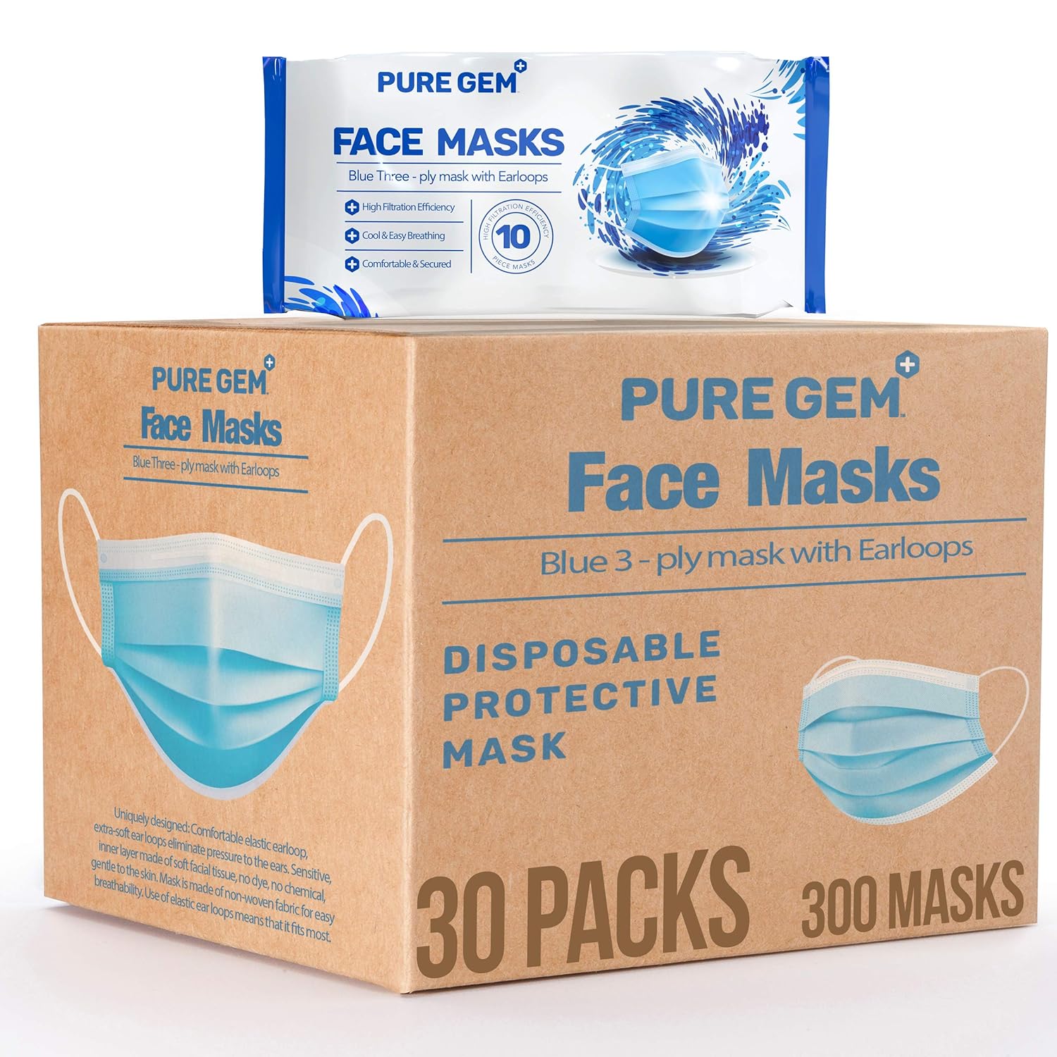 Premium Pack of 300 (30 x 10 Masks) Single Use Disposable Face Mask, Soft on Skin, Bulk Pack 3-Ply Masks Facial Cover with Elastic Earloops For Home, Office, School, and Outdoors (Pack of 300 Masks): Beauty