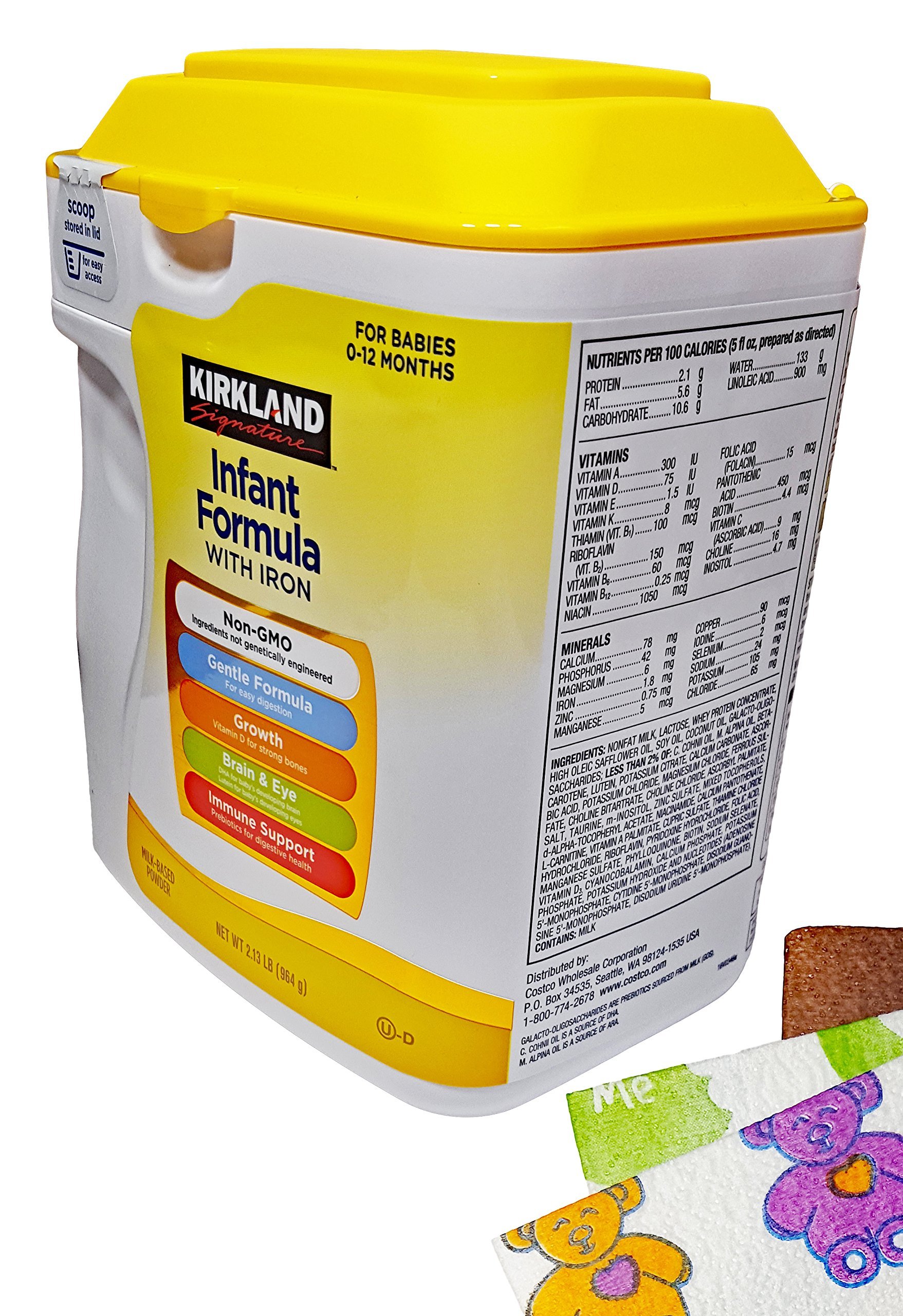 Kirkland Baby Formula with Iron, 2.13 Lb . Plus Free Bonus 1 Pack of 6 Disposable Baby Bibs