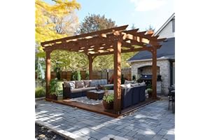 BlueWish 10' x 12' Patio Pergola, Cedar Wood Pergolas with Solid Structure, Pergola Kits, Outdoor Pergolas and Gazebos with Slatted Trellis Roof for Deck Backyard Grill Party Garden