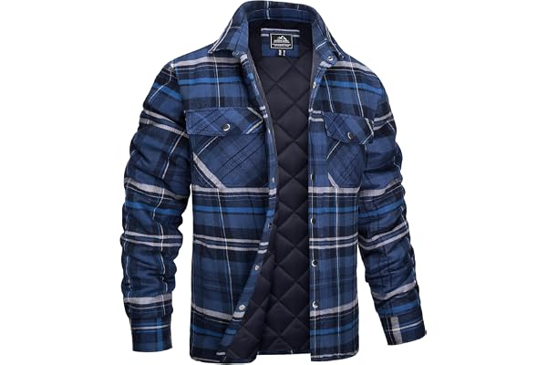 MAGCOMSEN Mens Winter Jackets Quilted Flannel Plaid Shirt Cotton Button Up Long Sleeve Casual Jacket with 5 Pockets