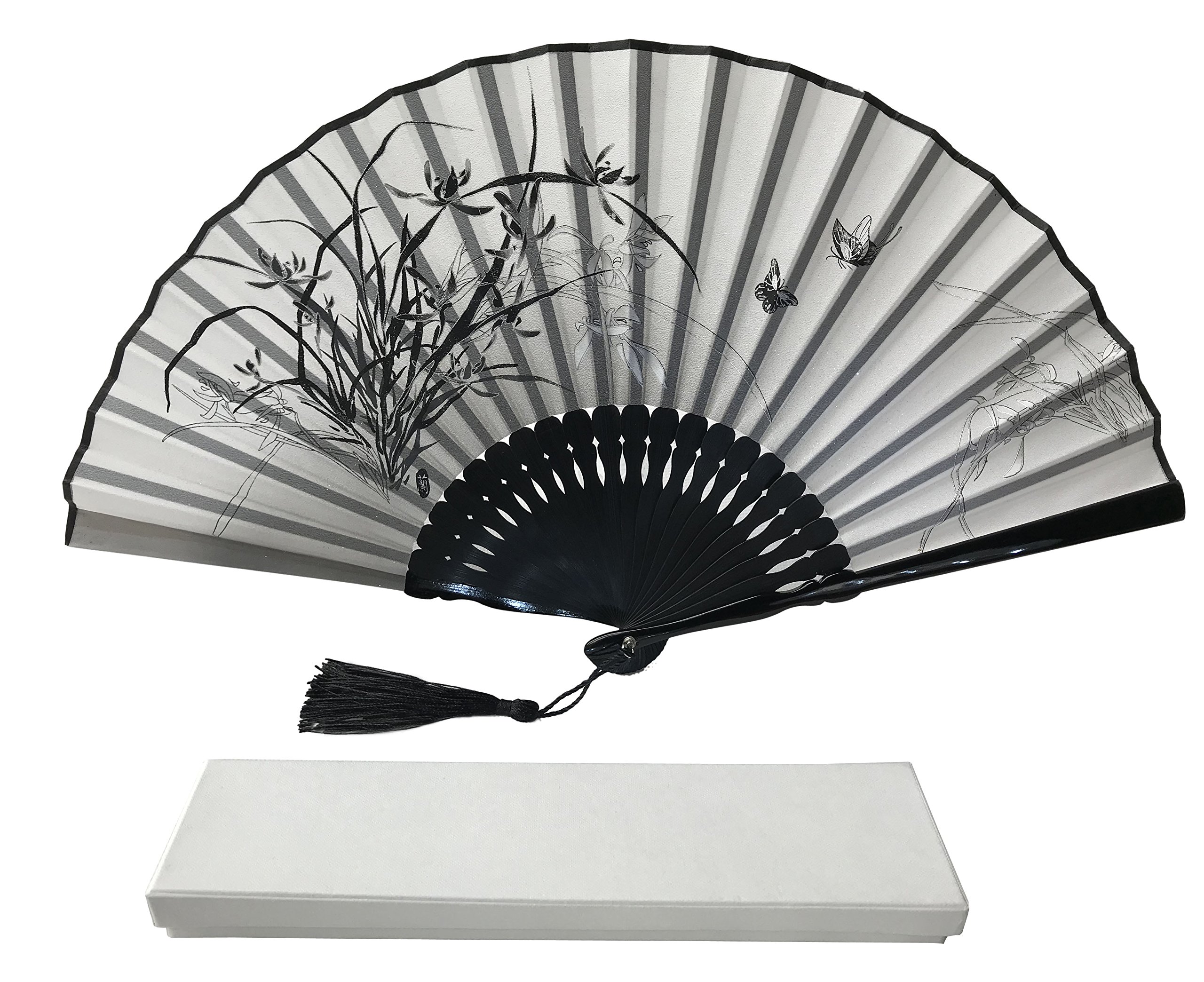 FANSOF.FANS Ink Art Handheld Folding Fan with a Handcrafted Box Fabric Pouch for Women Girls Black and White with Silver Touch Up Durable Folding Fabric Hand Fan (Bamboo Flowers)