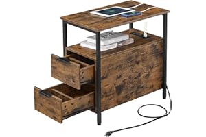 VASAGLE Side End Table with Charging Station, Slim Nightstand with 2 Drawers, Narrow Bedside Table for Living Room, Small Spaces, Rustic Brown and Ink Black ULET321B01