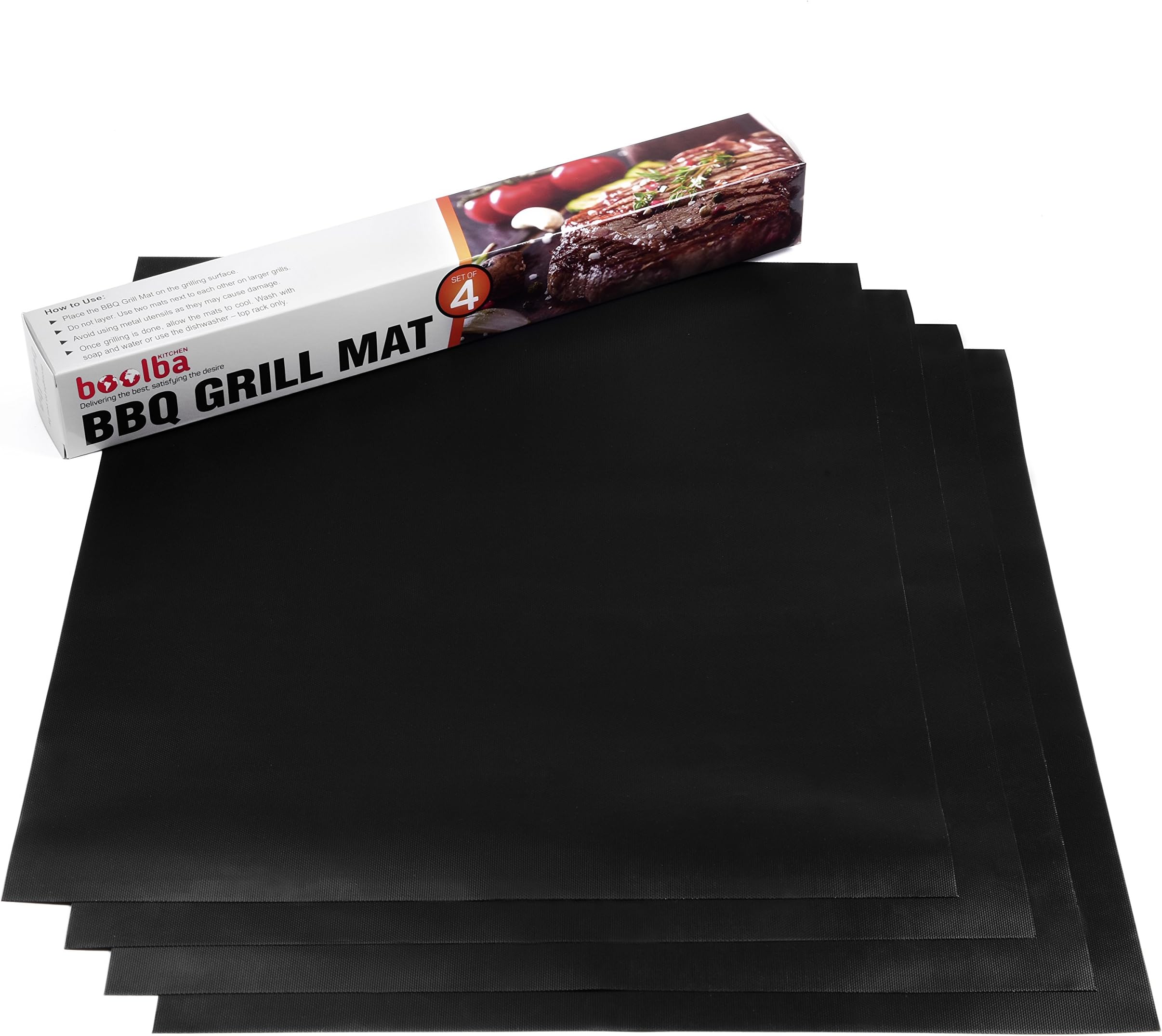 BBQ Grill Mat (Set of 4) | Great Baking Oven Liner | 100% Non Stick Reusable Easy To Clean | Perfect For Cooking Gas Electric Charcoal Grill Stove or Oven | Size 15.75" x 13"