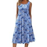 HOTOUCH Summer Casual Dresses for Women Sleeveless Midi Dress Swing Tank Sundress Pleated Tshirt Dress with Pockets