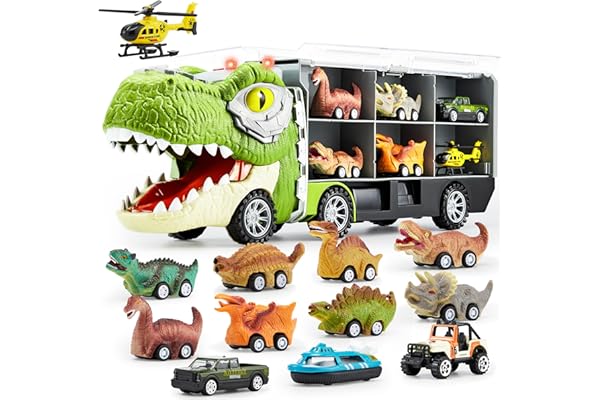 JOYIN 13 in 1 Dinosaur Toys for Kids 3-5, Transport Dinosaur Carrier Truck with 12 Pull Back Cars, Toddler Toys 3-4， Birthday