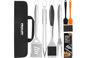 Grilljoy 8PCS Heavy Duty BBQ Grill Tools Set with Extra Thick Stainless Steel Spatula, Fork, Tongs & Cleaning Brush - Complete Barbecue Accessories Kit with Portable Bag - Perfect Grill Gifts for Men