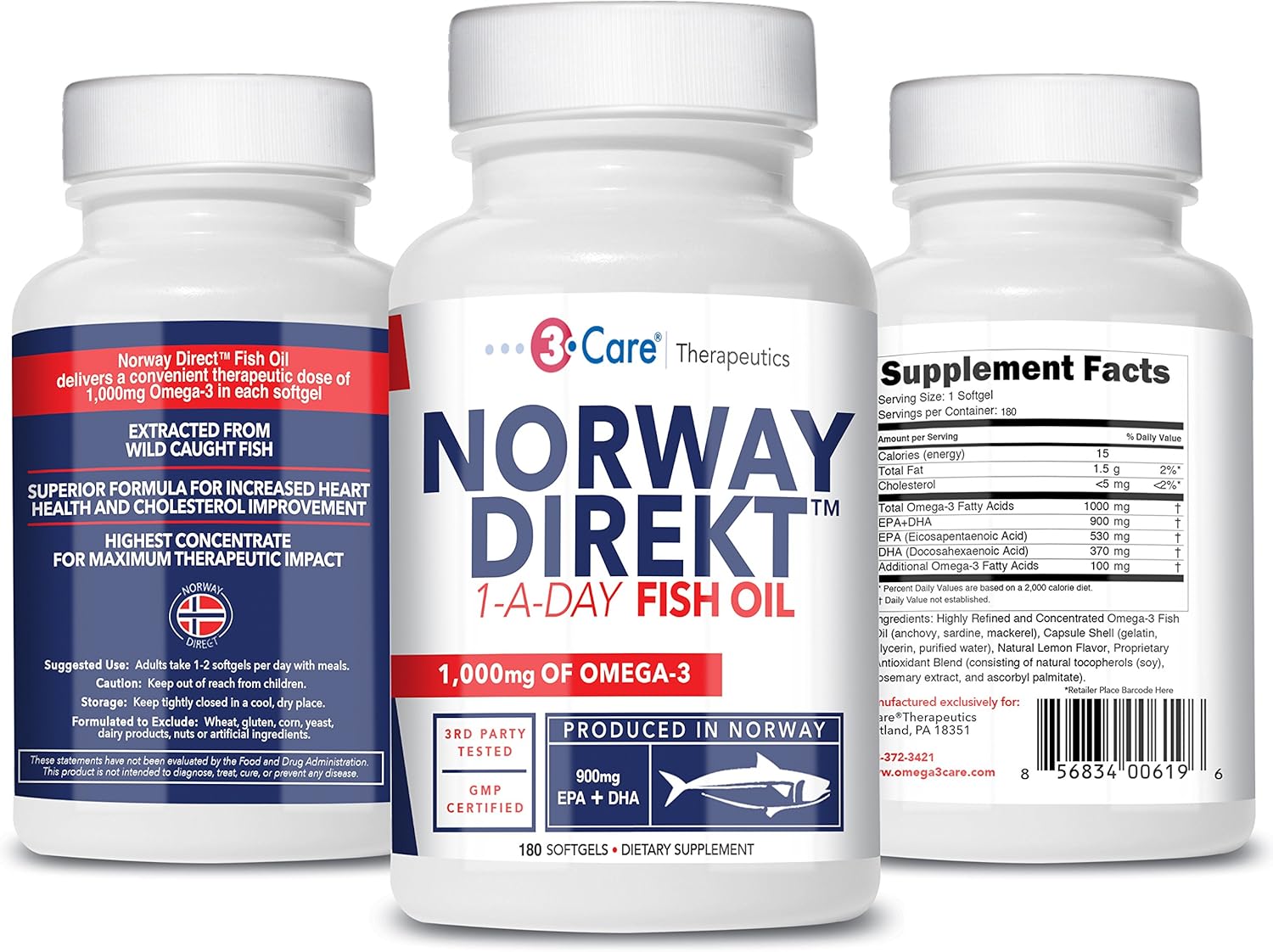 Norway Direkt Omega-3 Fish Oil 3,000mg Fish Oil Concentrate | 1060mg EPA, 740mg DHA (2 Soft-Gel Serving) Pharmaceutical Grade (180 Softgels)