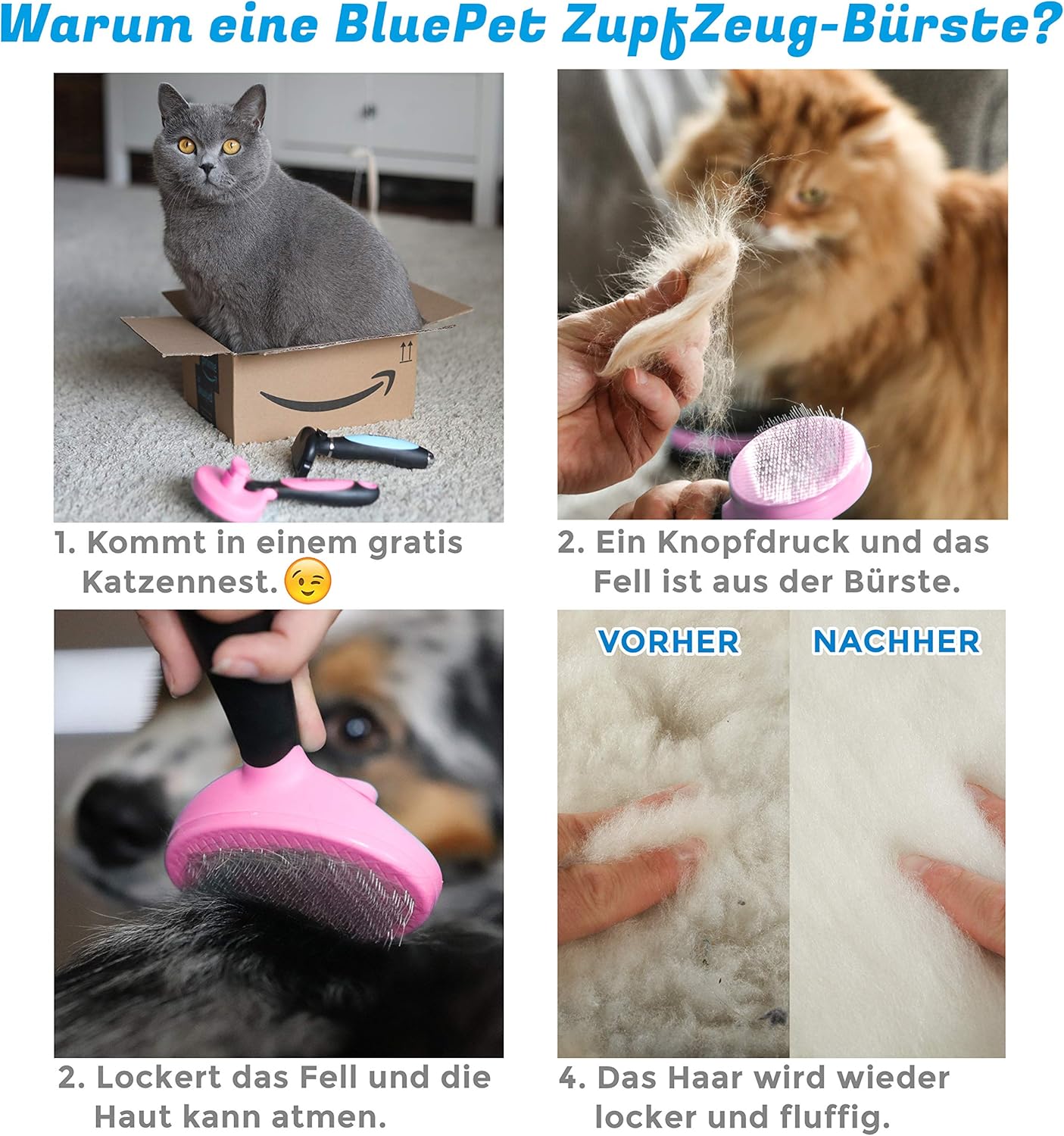 Bluepet Zupfzeug Katzenbürste Selbstreinigend Zupfbürste Entfernt Unterwolle Hundebürste Onesize