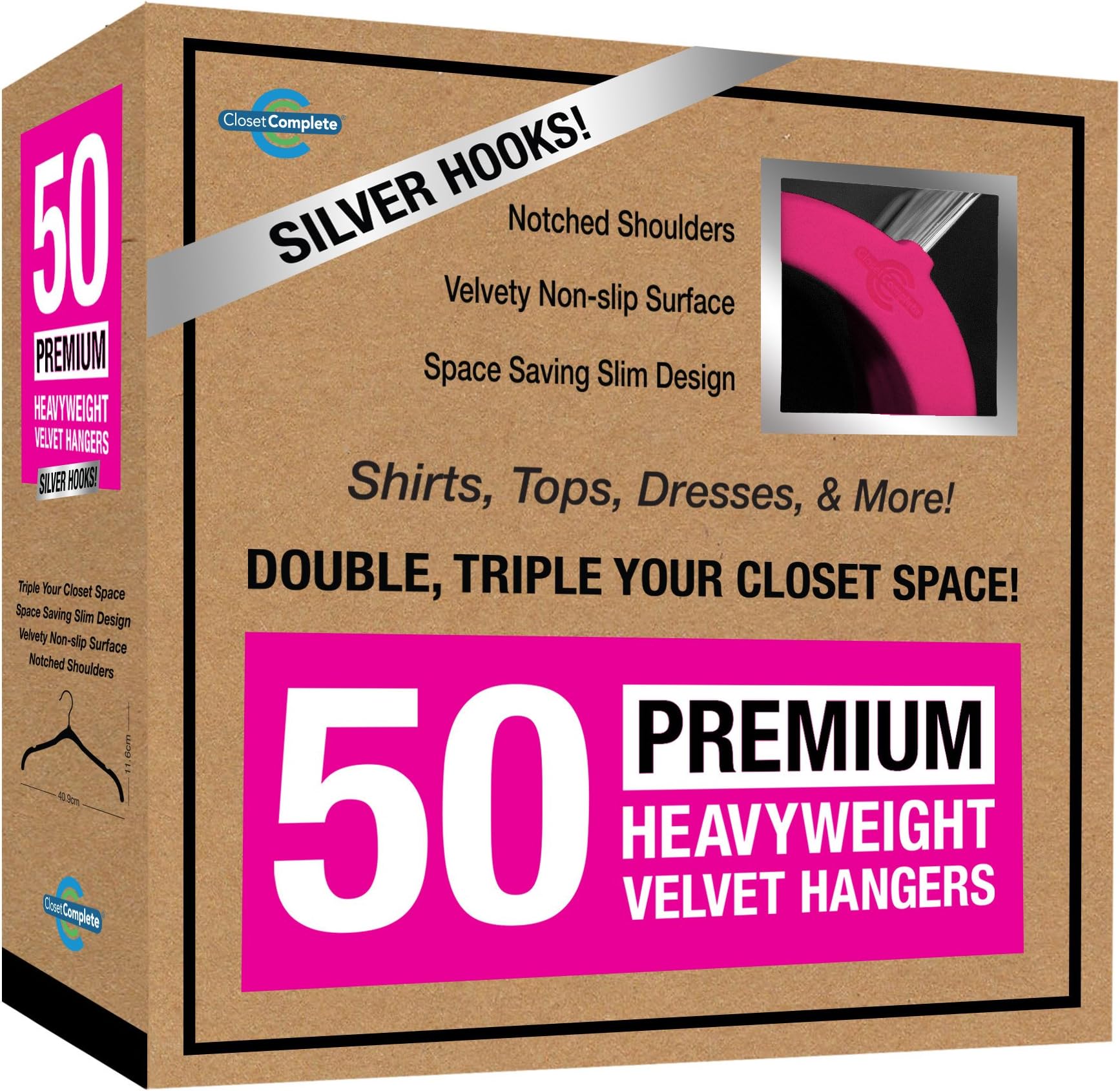 Closet Complete Premium Quality, True-Heavyweight, Virtually-Unbreakable Velvet Hangers, Ultra-Thin, Space Saving, No Slip, Best for Shirt, Dress, Lingerie, 360° Spin, Chrome Hooks, Pink, Set of 50