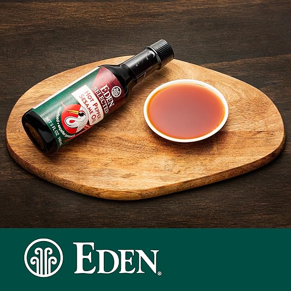 EDEN HOT PEPPER TOASTED SESAME CHILI OIL, UNREFINED EXPELLER PRESSED, 5 OZ AMBER GLASS BOTTLE