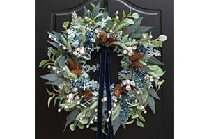 ARCADIAART Winter Wreaths for Front Door 24 Inch Green Olive & Eucalyptus Wreath with Silver & White Berries, Pine Cones and Blueberries, Christmas & Holiday Indoor Outdoor Decor
