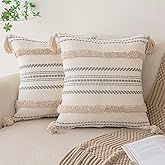Boho Throw Pillow Covers 18x18 Set of 2 Woven Tufted Farmhouse Pillows Cover with Tassels Textured Striped Cushion Case Neutral Pillow Cases Decorative Pillowcase for Sofa, Couch, Bed, Khaki