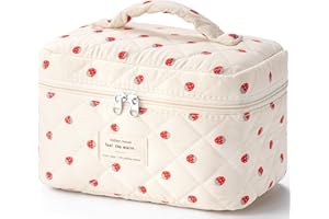 HBselect Quilted Makeup Bag for Women, Floral Cotton Cosmetic Bag Large Travel Makeup Bag Coquette Aesthetic Toiletry Bag