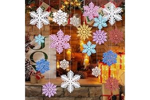 Yogayet 40 PCS Christmas Snow Flakes Ornaments Coloful Plastic Glitter Snow Flakes for Christmas Tree Decorations Size Varies Xmas Hanging Snow Flakes from Ceiling Winter Wonderland Party Class Decor