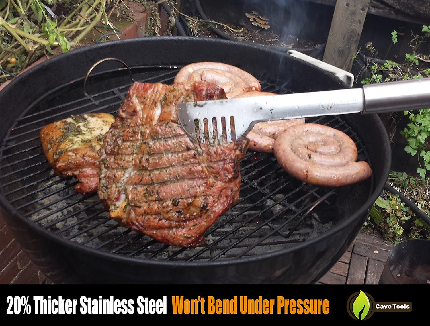 Grill Tongs - 20% Thicker Stainless Steel Won't Bend - Dishwasher Safe 17" Long Handle Protects from BBQ Heat - Locking Bracket For Easy Storage - Cooking in Kitchen or on Weber Barbecue - Cave Tools: Kitchen & Dining