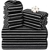 BEAQLIO 100% Cotton 8 Pack Bath Towels Set, Striped Towel Set, Black | Super Soft &amp; Absorbent Towels for Bathroom, Quick Dry Bathroom Towel Set, 2 Bath Towels, 2 Hand Towels, 4 Washcloths Towels