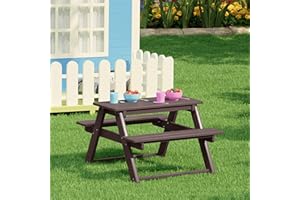 Costaelm Kids Picnic Table, HDPE All Weather Outdoor Toddler Picnic Table and Chair Set Kids Bench for Patio, Backyard, Garden, Lawn, Dark Brown