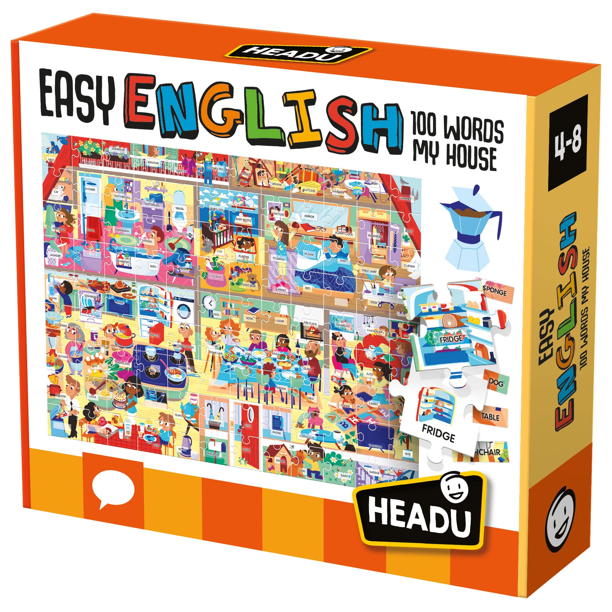 HEADU | Easy English 100 Words - My House - large puzzle with special tokens for learning words and more than 100 movable stickers | Educational Games & Puzzles | Ages 4-8 years