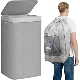 STORAGE MANIAC 2-in-1 Laundry Hamper with Laundry Backpack Bag, 23.7 Gal | Metal Frame Laundry Basket, Dirty Clothes Bag with Shoulder Strap and Mesh Pocket for College, Laundromat, Apartment, Gray