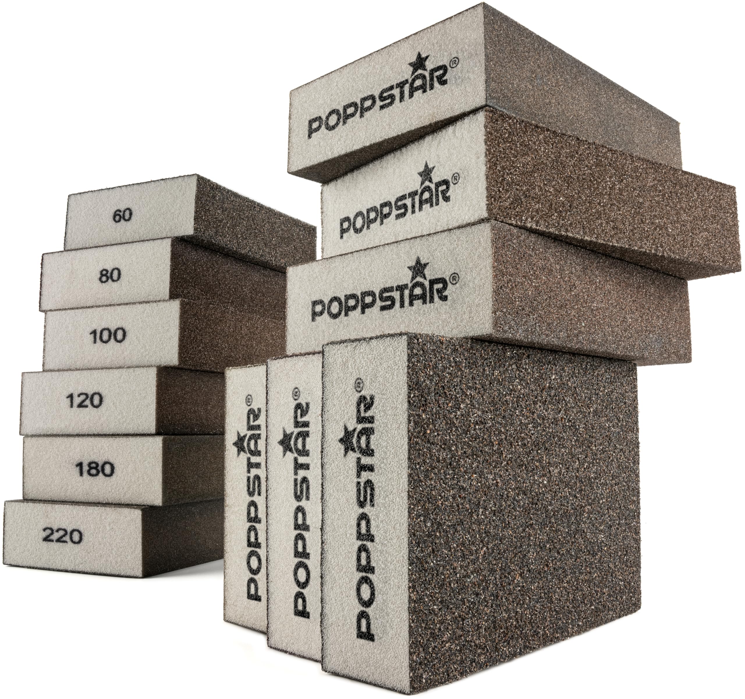 Poppstar 12x Sanding Sponge 100x70x25mm (Grit size 2x 60/80/100/120/180/220, washable) for Wood, Metal & Plastic