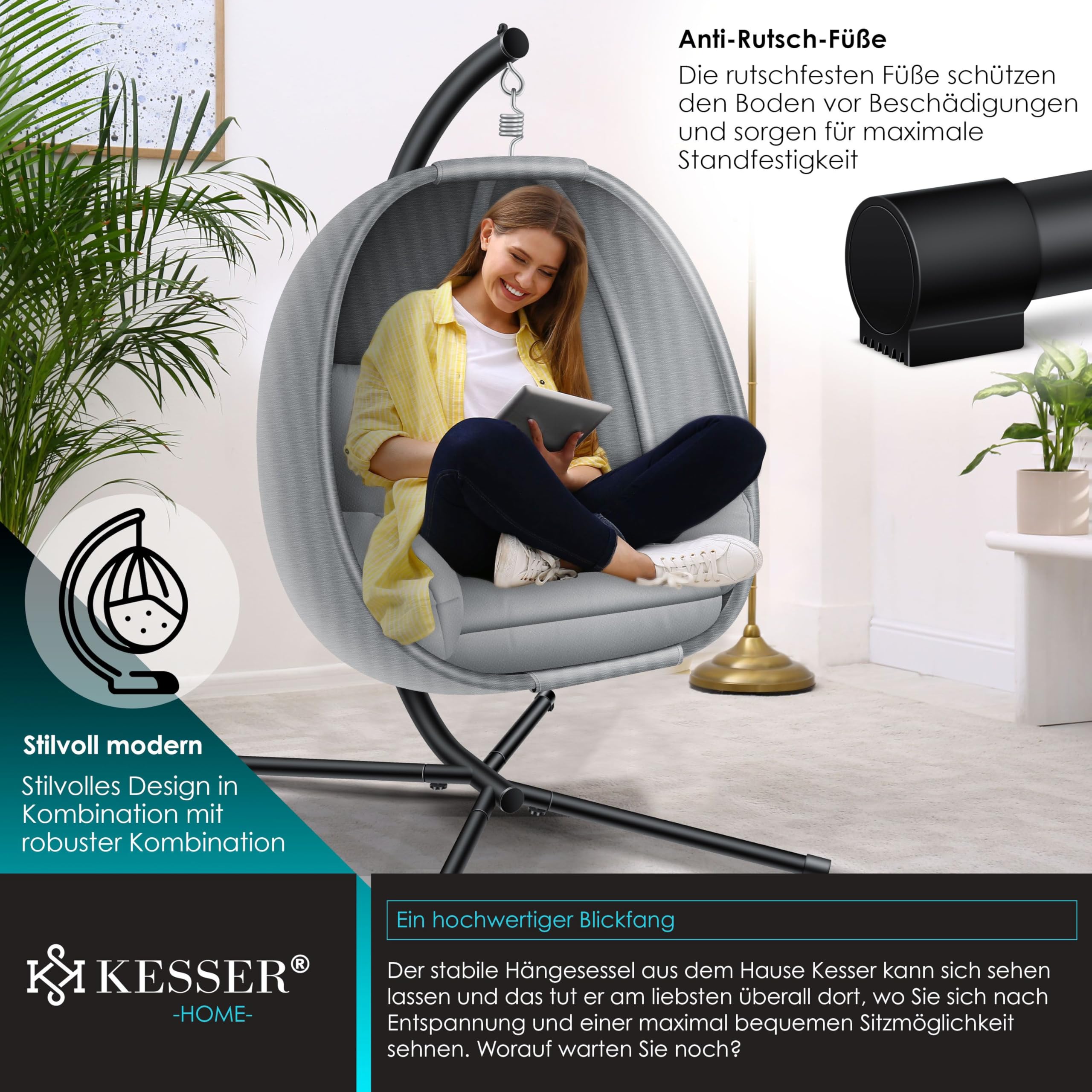 KESSER® Luxe Hängesessel mit Gestell + weiches Sitzkissen und Abdeckung, Seitenpolsterung, Rückenkissen Hängekorb Indoor & Outdoor, Garten Schaukel Hängestuhl Stabiler Standfuß, max. 150 kg Grau 9