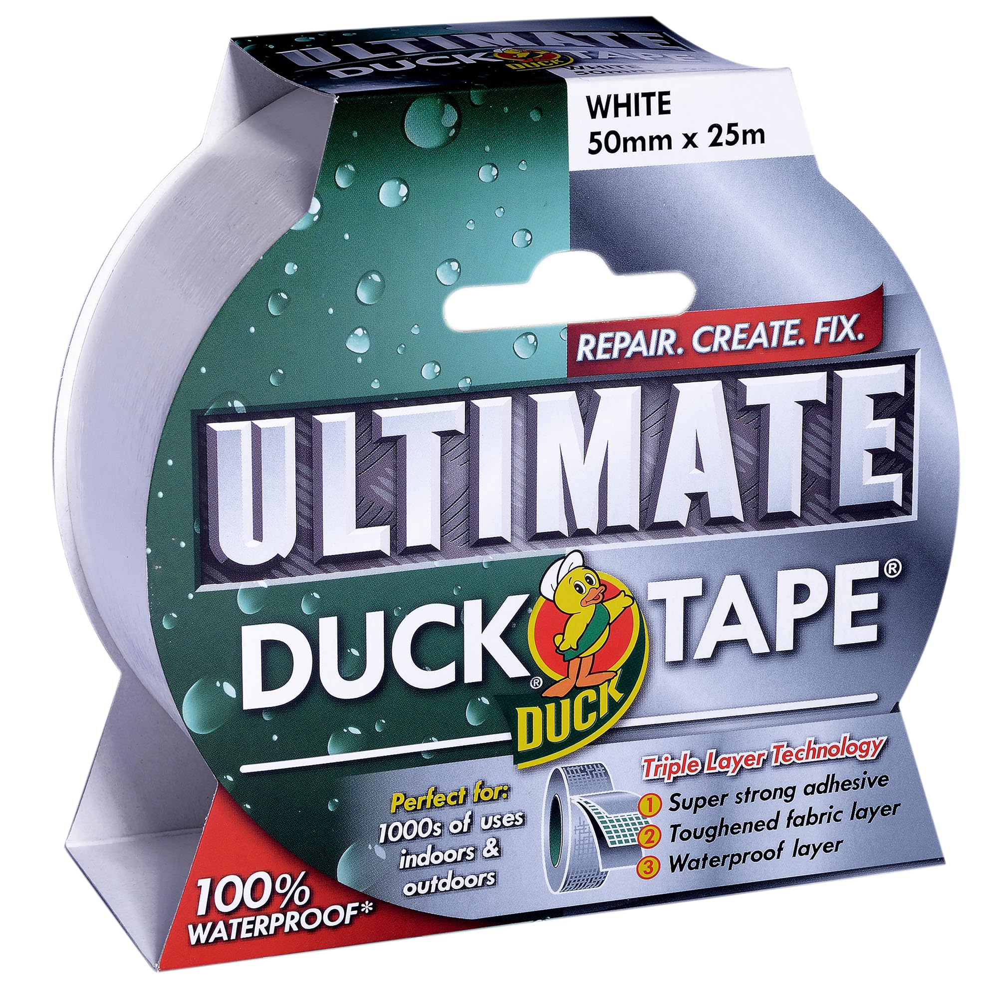 Duck Tape Ultimate Cloth Tape White 50mm x 25m. The ultimate high strength waterproof gaffer and duct adhesive cloth repair tape