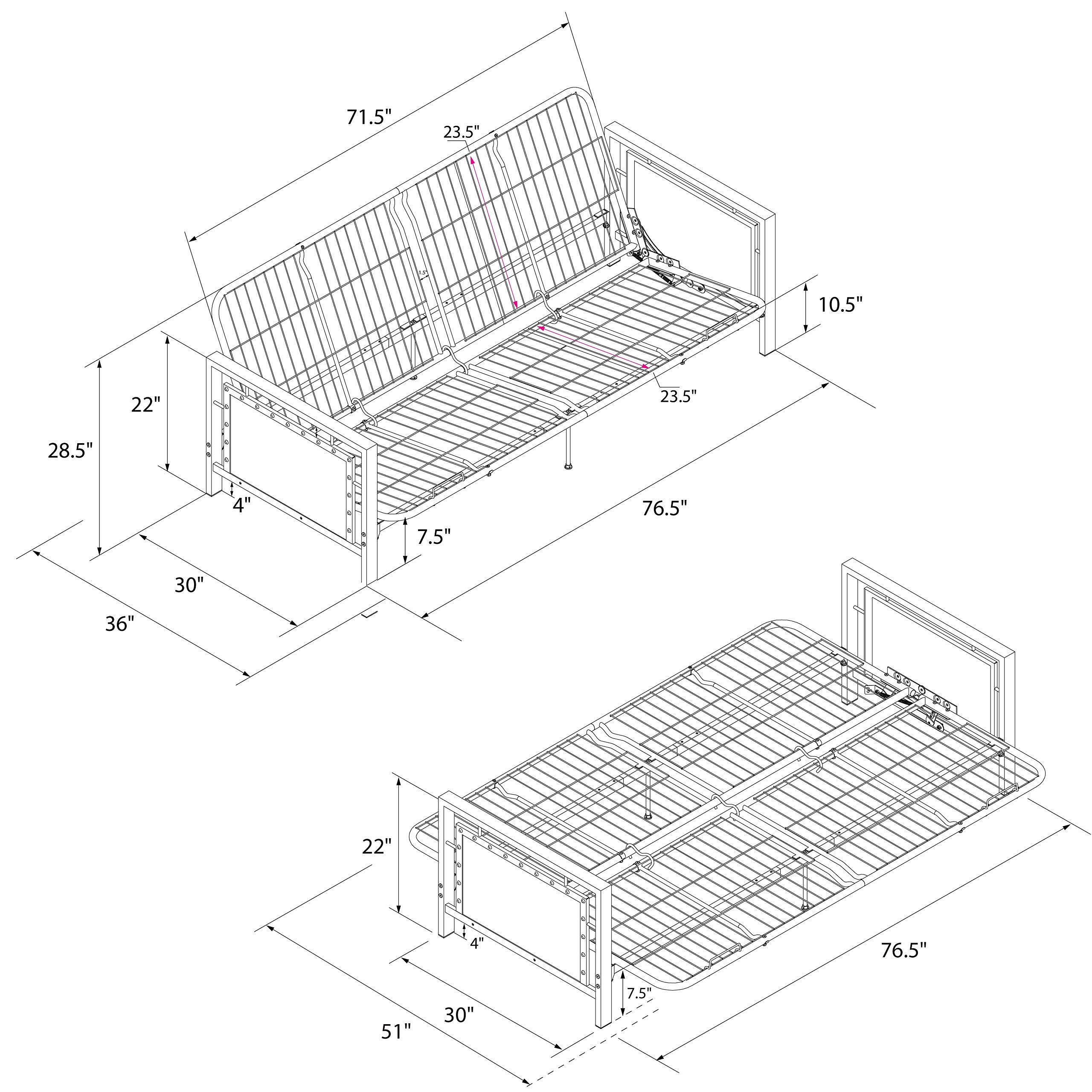 DHP Henley Metal Arm Futon Frame, Industrial Loft Design, Converts to Sleeper, Black Sturdy Metal