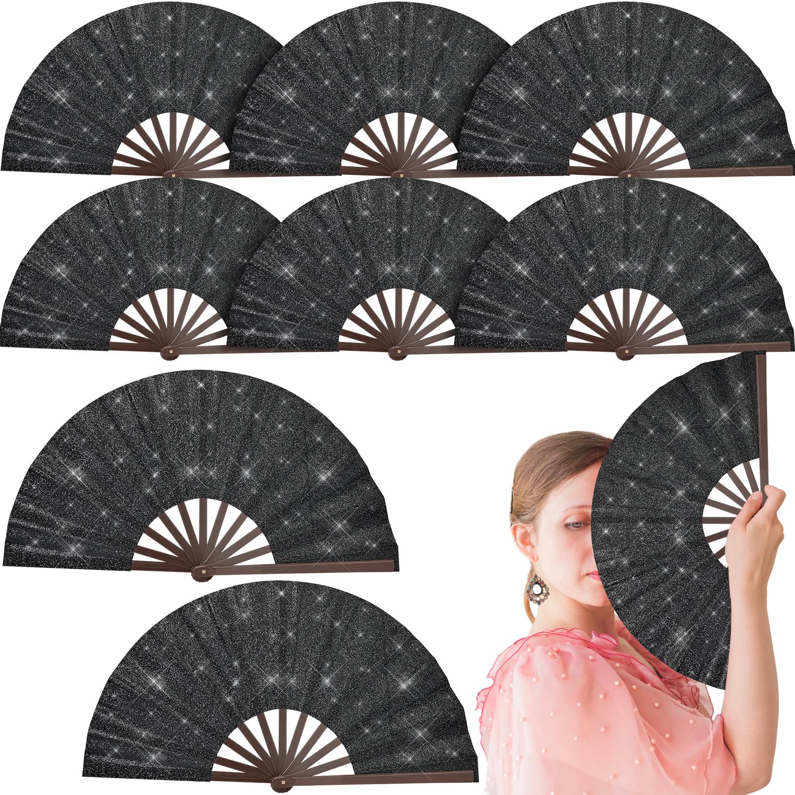 Photo 1 of Wenqik 9 Pcs Large Glitter Rave Fan Decoration Foldable Bamboo Folding Hand Foldable Chinese Kung Fu Fan for Home Dance Club Festival Party Stage Performance Decoration(Black)