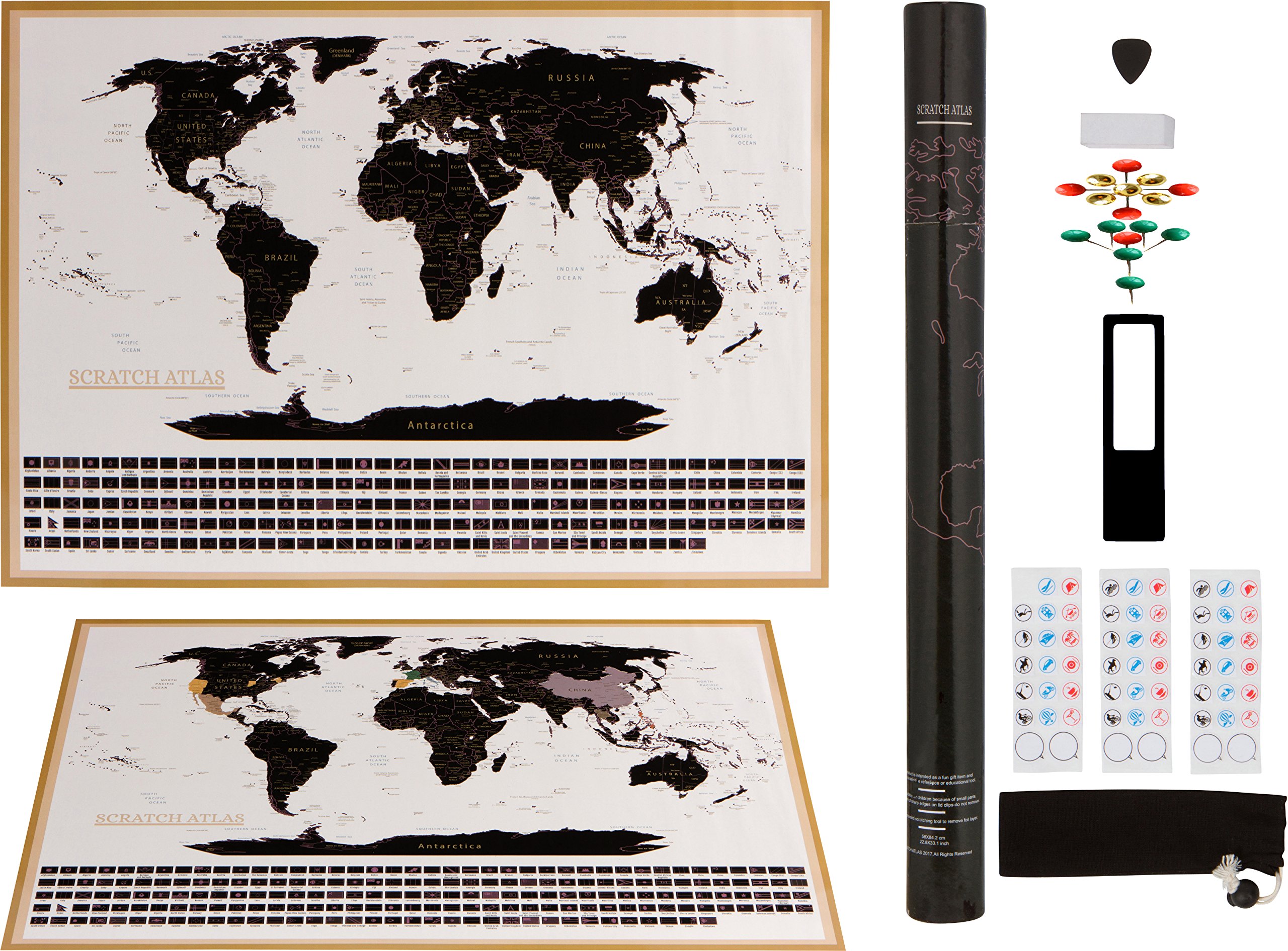 Scratch Off World Map Complete Set with US States and Country Flags, Best Travel Poster gift, Perfect Travelers Wall Decal, Professionally Designed Detailed Cartography (33.15 x 22.84inches A1 Frame)