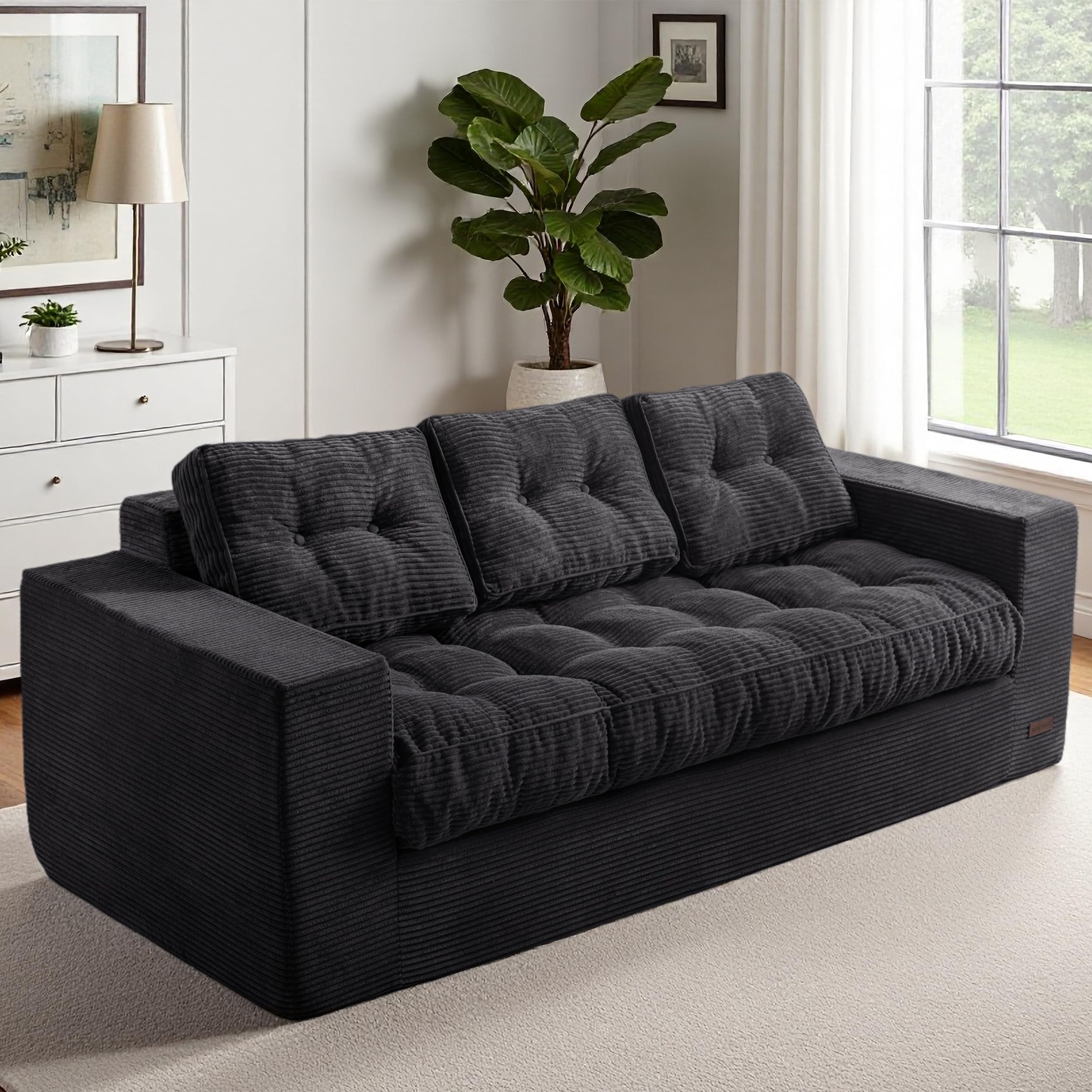 Photo 1 of MAXYOYO Oversized Loveseat Sofa Couch, Upholstered Bean Bag Chair Cloud 3-Seat for Adults, Boneless Couch with Tufted Cushion & Pillows, Sofa in A Box, No Assembly Required, Black