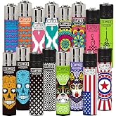 Clipper Classic Large Reusable Lighter, 16 Pack, Assorted Designs | Premium Refillable, Replace Butane, Flint, Spark Wheel, Unlimited Lights, Bulk Pack