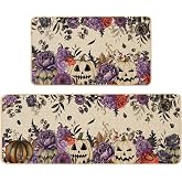 Baccessor Halloween Kitchen Rugs Set of 2, 17x29 and 17x47 Inch | Gothic Purple Pumpkin Kitchen Mats for Floor,Rubber Backing,Low Profile and Washable Care,Non Slip