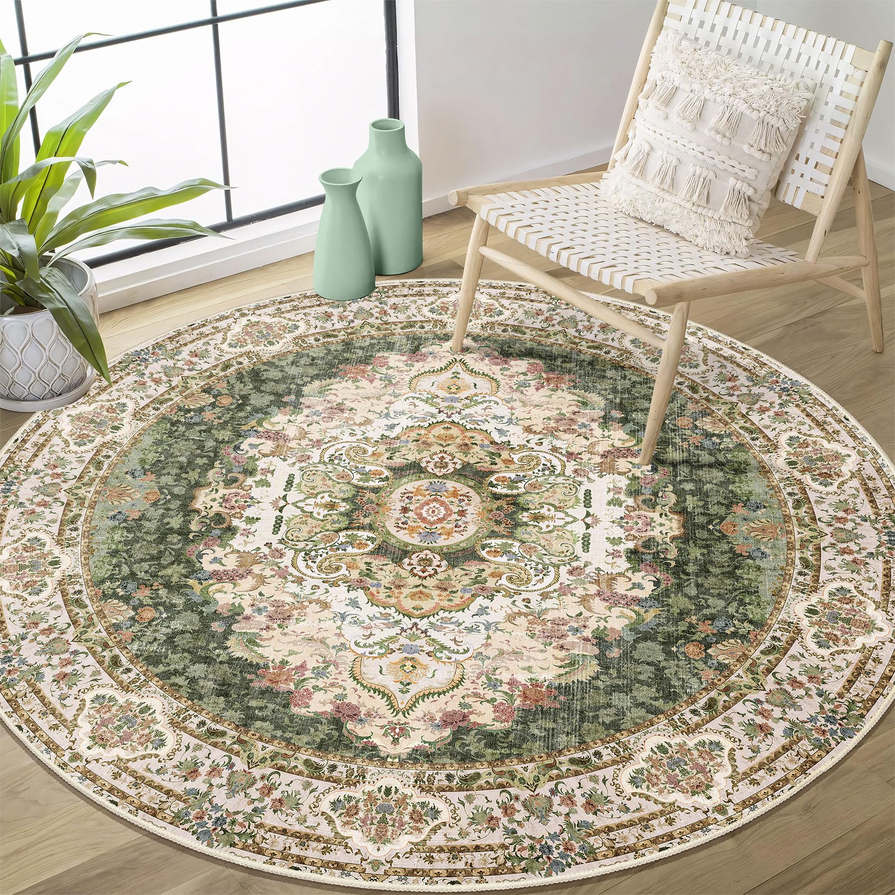 Photo 1 of Castage Green Round Rug 4ft,Circle Washable Area Rugs for Bedroom Bathroom Entryway,Boho Vintage Bohemian Distressed Oriental Carpet Non Slip,Sage Floral