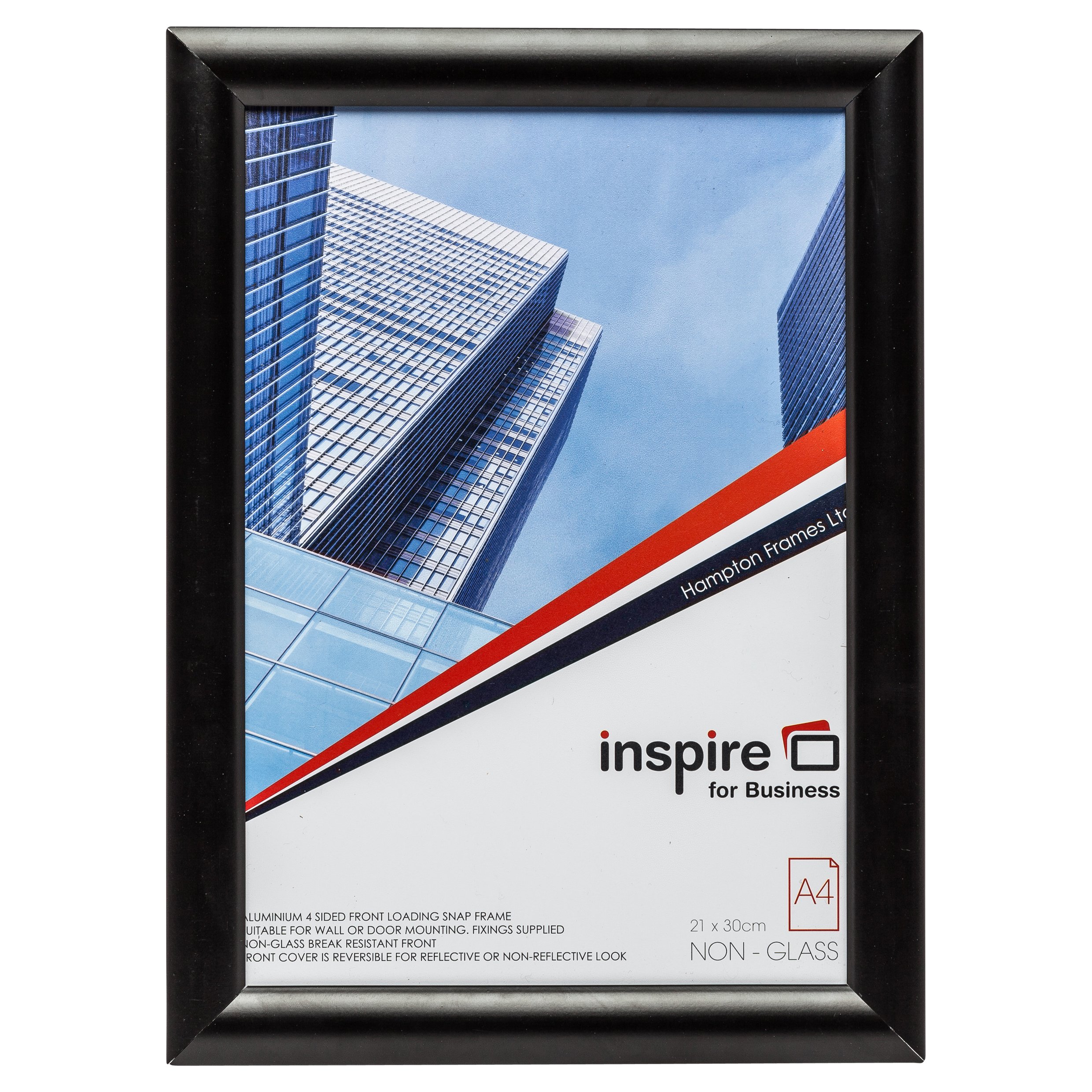 Hampton Frames | Snap Frame SNAPA4BLK | A4 21x30cm, Black, Aluminium, 25mm Wide Profile | Front Loading, Safety Acrylic Glass, Wall Mount | Certificate Display, Picture Photo Frame