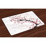 Ambesonne Cherry Blossom Place Mats Set of 4, Dreamy Japanese Nature in Spring Theme Sakura Tree Branch Artwork, Washable Fabric Placemats for Dining Room Kitchen Table Decor, Dark Coral and Black